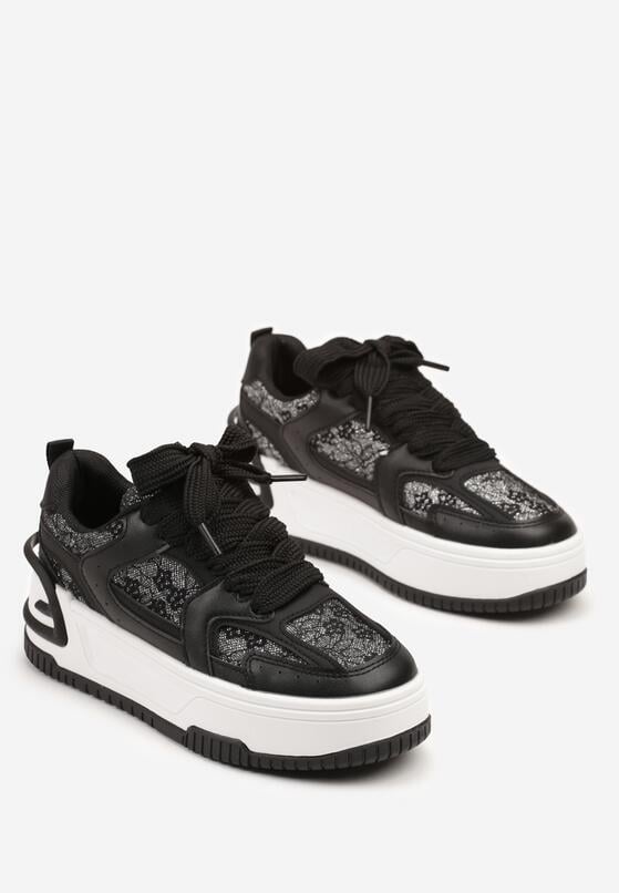 Czarne Sneakersy na Grubej Podeszwie Zdobione Brokatem Deorianis 5
