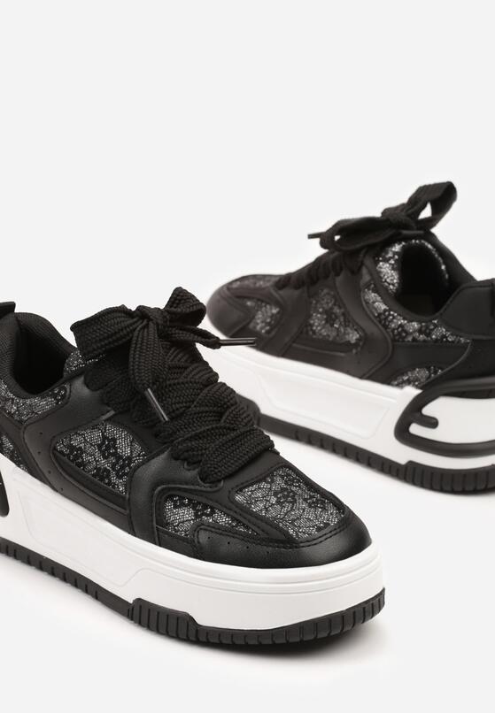 Czarne Sneakersy na Grubej Podeszwie Zdobione Brokatem Deorianis 6