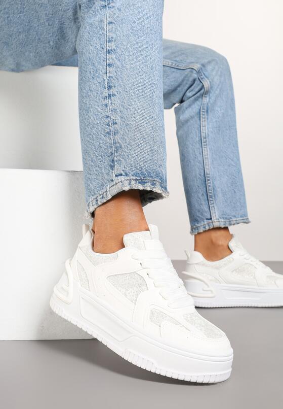 Białe Sneakersy na Grubej Podeszwie Zdobione Brokatem Deorianis 2