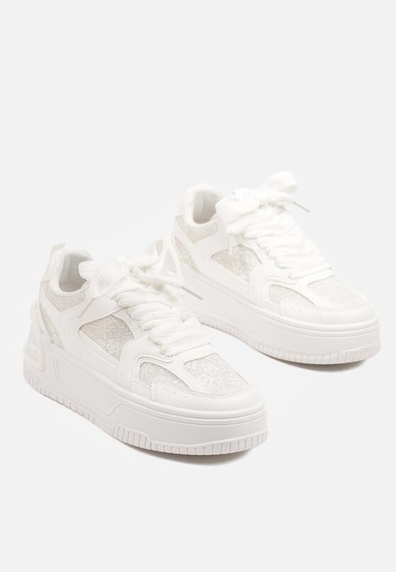 Białe Sneakersy na Grubej Podeszwie Zdobione Brokatem Deorianis 5