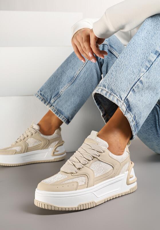 Beżowe Sneakersy na Grubej Podeszwie Zdobione Brokatem Deorianis 2