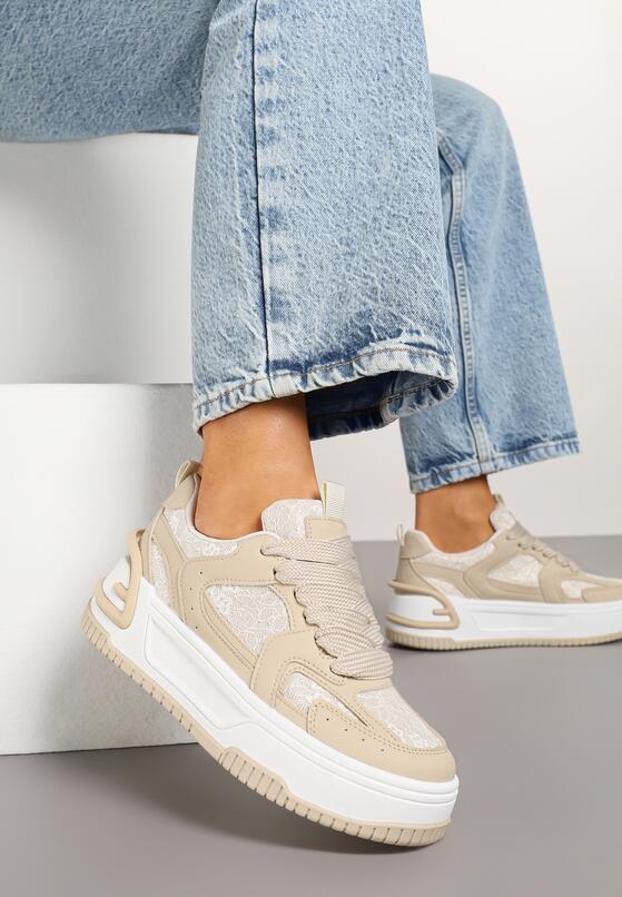 Beżowe Sneakersy na Grubej Podeszwie Zdobione Brokatem Deorianis 1