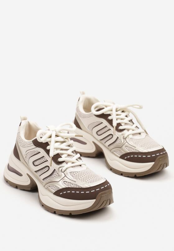 Beżowo-Brązowe Sneakersy na Grubej Tłoczonej Podeszwie z Geometrycznym Wzorem Deliorith 5
