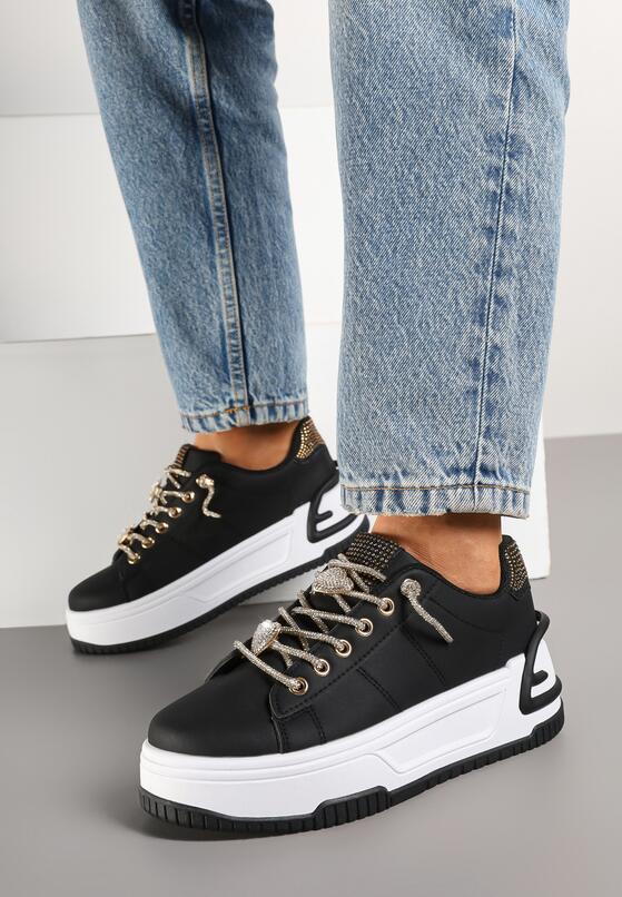 Czarne Sneakersy na Grubej Podeszwie z Cyrkoniami Deoliae 2
