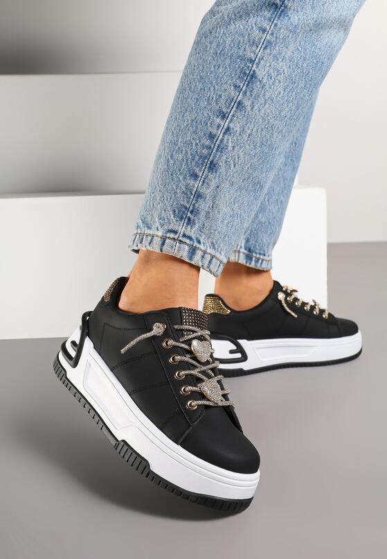 Czarne Sneakersy na Grubej Podeszwie z Cyrkoniami Deoliae 1