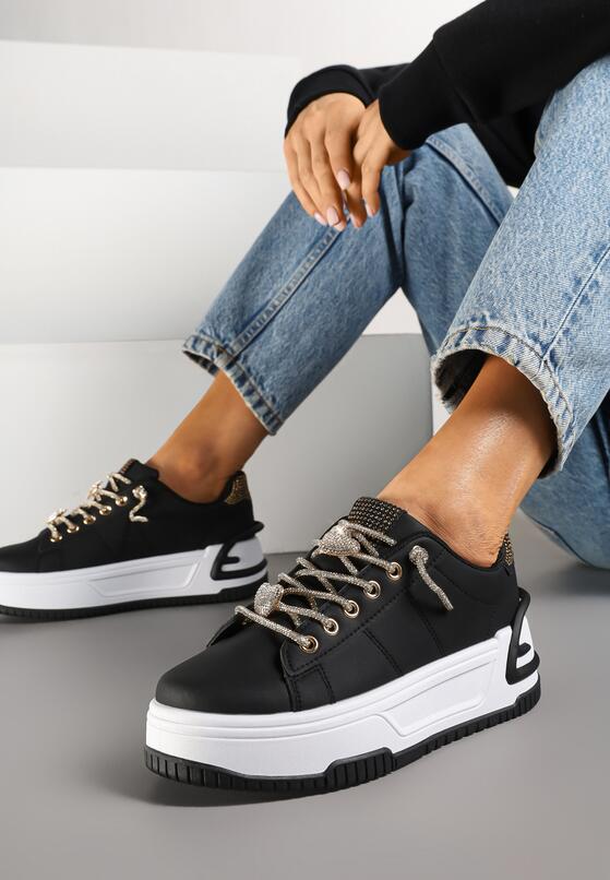 Czarne Sneakersy na Grubej Podeszwie z Cyrkoniami Deoliae 3