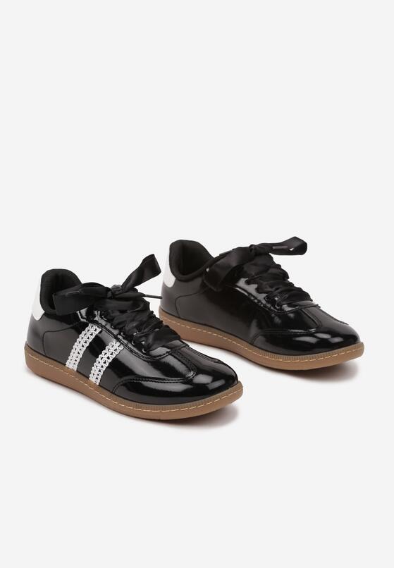 Czarne Sneakersy Tenisówki Lakierowane Ozdobione Koronką Deolana 5