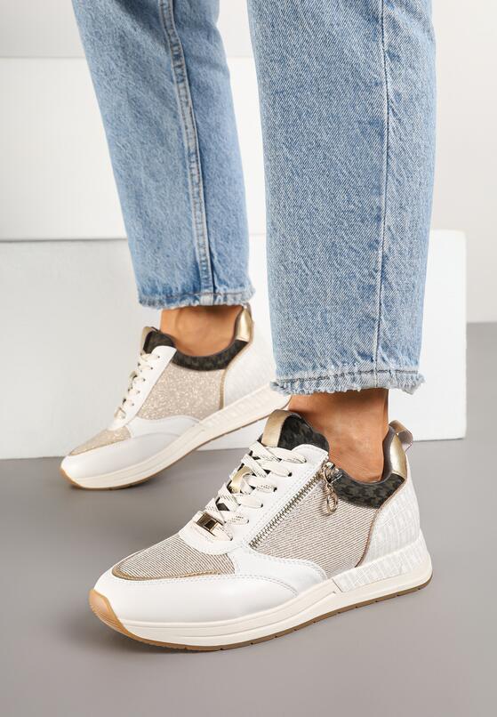 Beżowo-Złote Sneakersy z Ozdobnym Suwakiem i Skórzaną Wkładką Hanviera 1