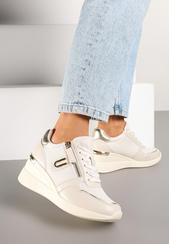 Beżowe Sneakersy na Koturnie Zdobione Suwakiem Hanithiel 2