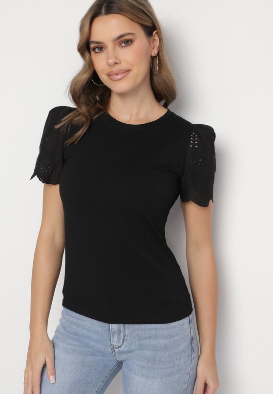 Czarny Bawełniany T-shirt z Ażurowymi Rękawami Nalanis 2