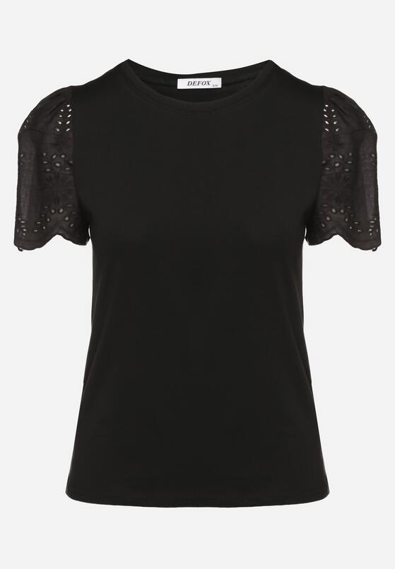 Czarny Bawełniany T-shirt z Ażurowymi Rękawami Nalanis 6