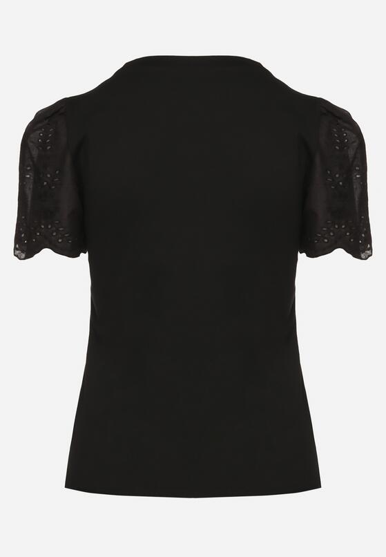 Czarny Bawełniany T-shirt z Ażurowymi Rękawami Nalanis 7