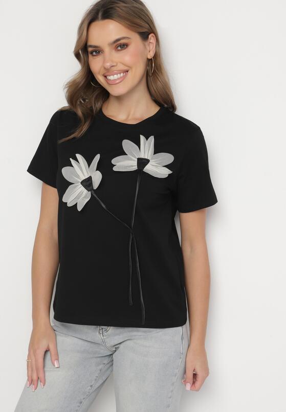 Czarny T-shirt z Bawełny Ozdobiony Kwiatami Marionis 1