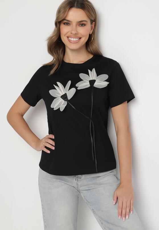 Czarny T-shirt z Bawełny Ozdobiony Kwiatami Marionis 2