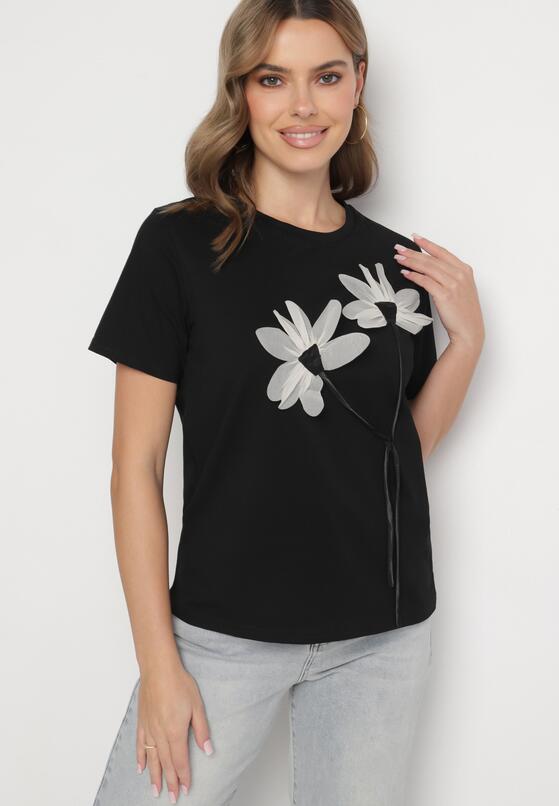 Czarny T-shirt z Bawełny Ozdobiony Kwiatami Marionis 4