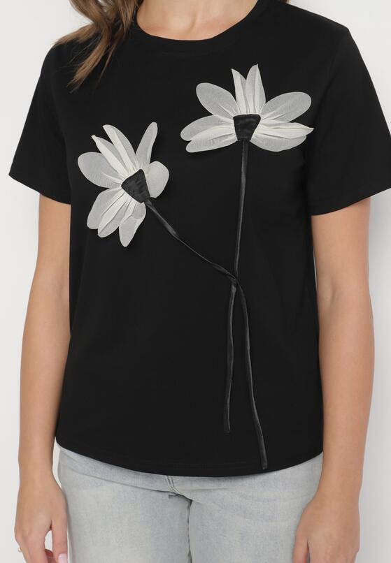 Czarny T-shirt z Bawełny Ozdobiony Kwiatami Marionis 5