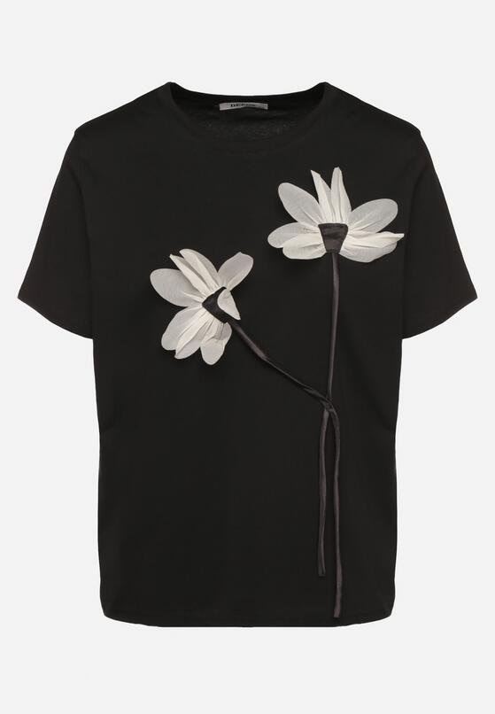 Czarny T-shirt z Bawełny Ozdobiony Kwiatami Marionis 6