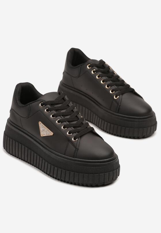 Czarne Sneakersy na Grubej Podeszwie z Tłoczeniami i Ozdobną Aplikacją Danioris 5