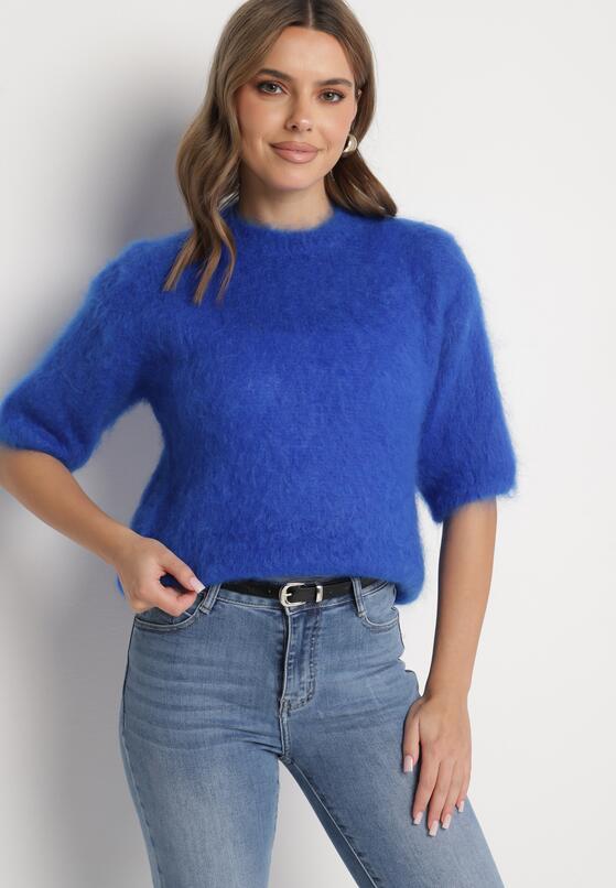 Niebieski Moherowy Sweter o Kroju Nietoperza z Rękawami 3/4 Eleanira 2
