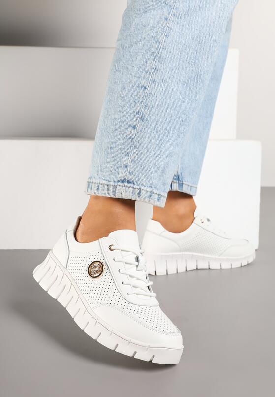 Białe Skórzane Sneakersy z Wkładką ze Skóry Naturalnej i Aplikacją Elothis 2