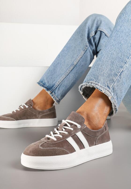 Brązowe Skórzane Sneakersy Typu Klasyczne Tenisówki na Grubej Podeszwie Eleavine 3