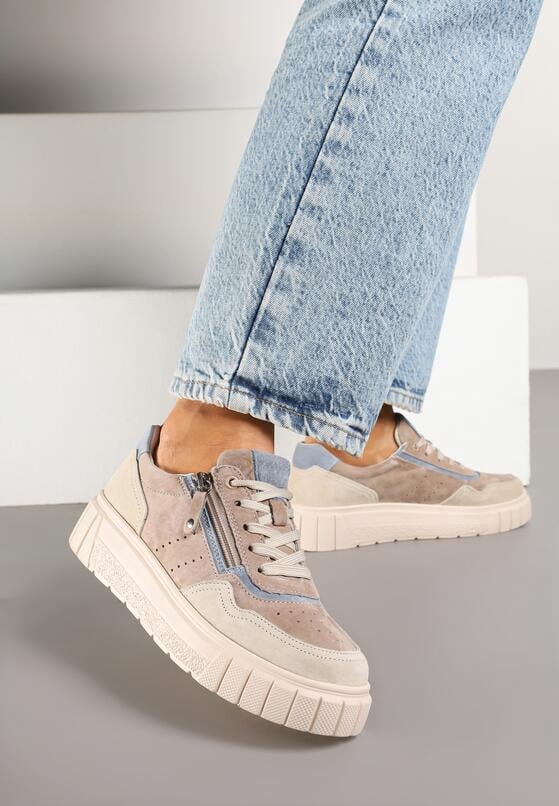 Beżowo-Niebieskie Skórzane Sneakersy w Streetwearowym Stylu Zdobione Suwakiem Elearessa 2