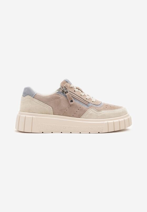 Beżowo-Niebieskie Skórzane Sneakersy w Streetwearowym Stylu Zdobione Suwakiem Elearessa 4