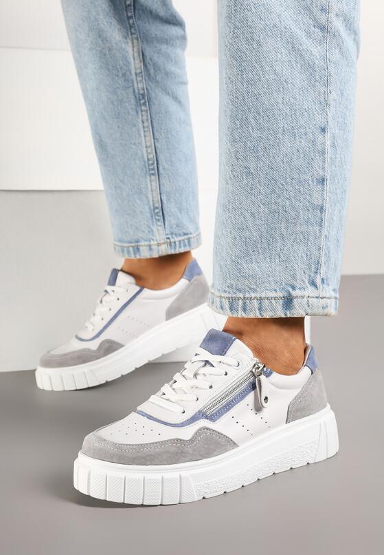 Biało-Szare Skórzane Sneakersy w Streetwearowym Stylu Zdobione Suwakiem Elearessa 2