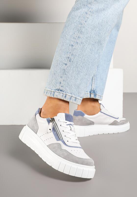 Biało-Szare Skórzane Sneakersy w Streetwearowym Stylu Zdobione Suwakiem Elearessa 1