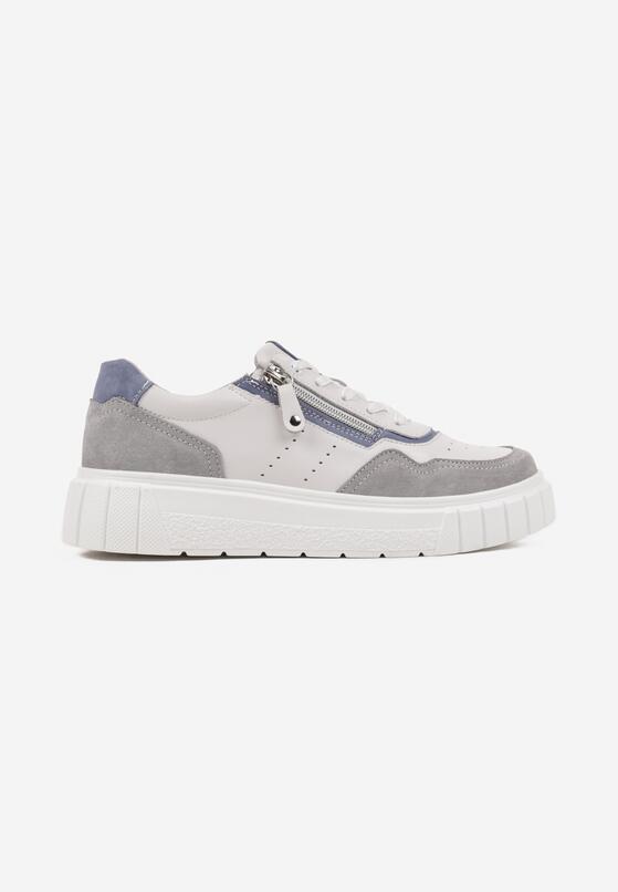 Biało-Szare Skórzane Sneakersy w Streetwearowym Stylu Zdobione Suwakiem Elearessa 4