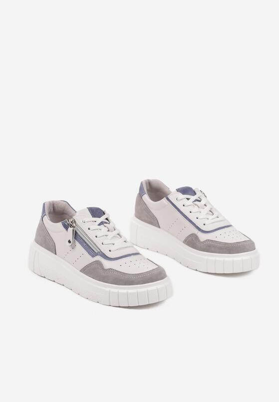 Biało-Szare Skórzane Sneakersy w Streetwearowym Stylu Zdobione Suwakiem Elearessa 5