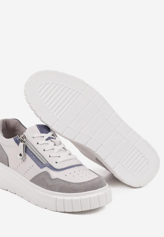 Biało-Szare Skórzane Sneakersy w Streetwearowym Stylu Zdobione Suwakiem Elearessa 6