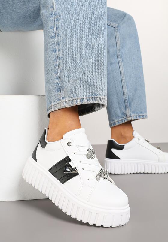 Biało-Czarne Sneakersy na Grubej Podeszwie z Metalicznymi Aplikacjami Elealenna 2
