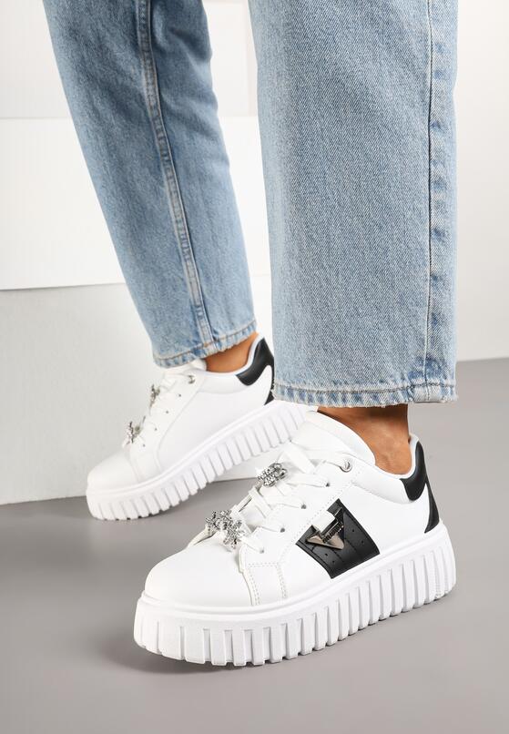 Biało-Czarne Sneakersy na Grubej Podeszwie z Metalicznymi Aplikacjami Elealenna 1
