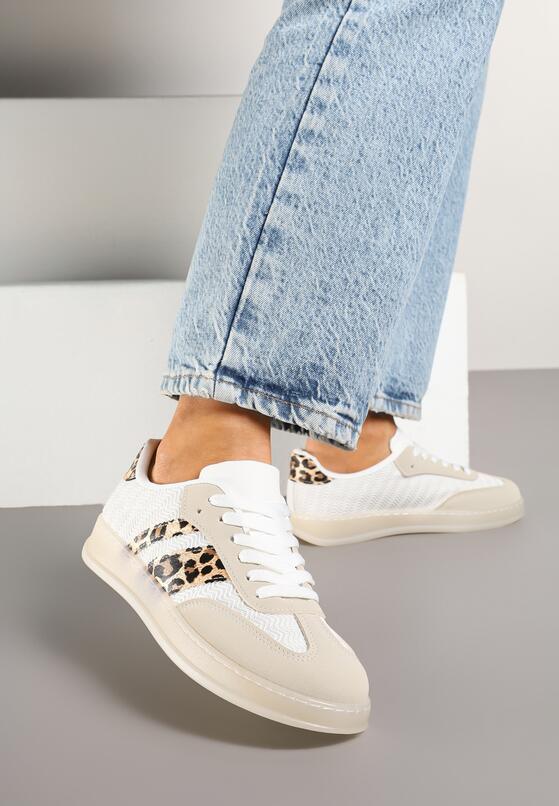 Beżowe Sneakersy Tenisówki z Geometrycznym Wzorem w Panterkę Eleamila 1