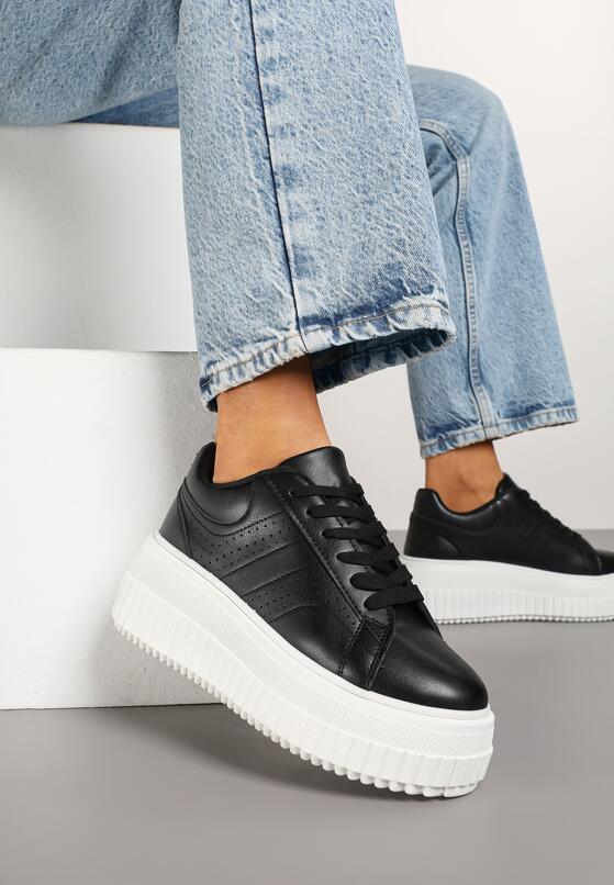 Czarne Sneakersy na Grubej Podeszwie z Perforacją Eleadrelle 2