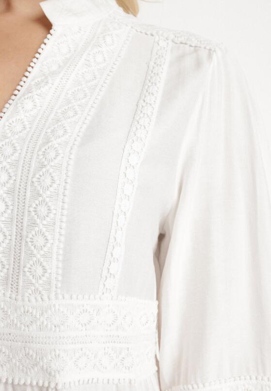 Biała Wiskozowa Sukienka Boho o Rozkloszowanym Kroju z Gumką i Koronką Gonillea 5