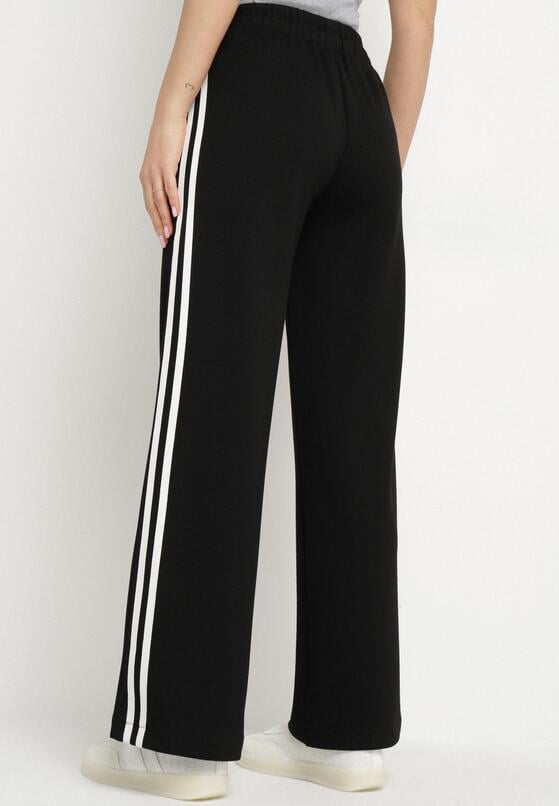 Czarne Szerokie Spodnie Dresowe z Wiskozą Ozdobione Sznurkiem i Lampasami Fenila 3