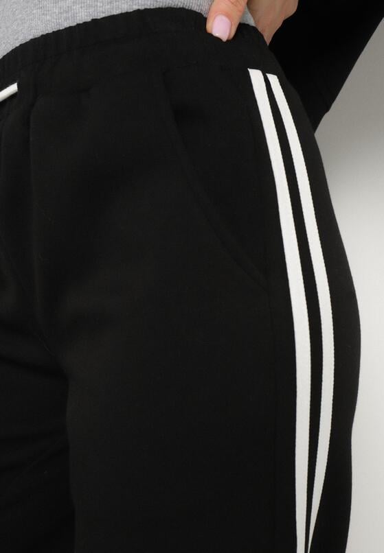 Czarne Szerokie Spodnie Dresowe z Wiskozą Ozdobione Sznurkiem i Lampasami Fenila 5