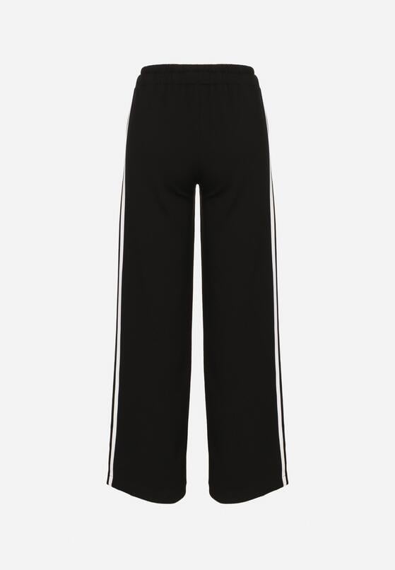 Czarne Szerokie Spodnie Dresowe z Wiskozą Ozdobione Sznurkiem i Lampasami Fenila 7
