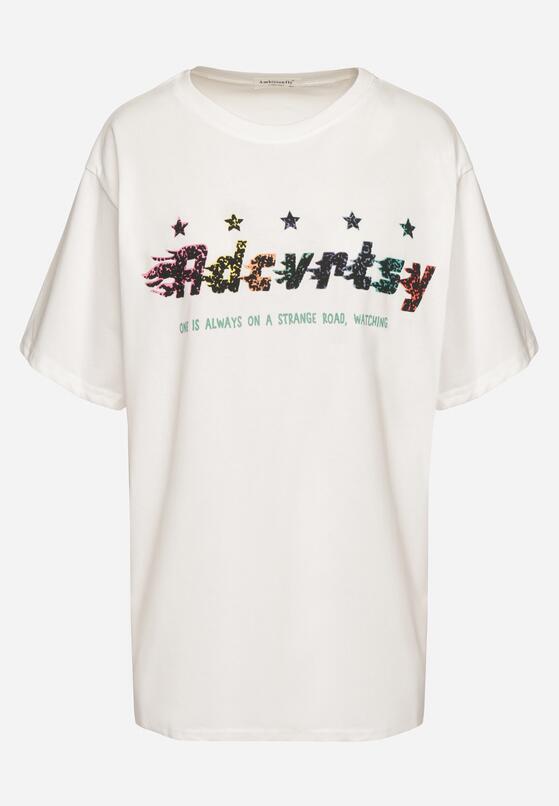 Biały Oversizowy T-shirt z Napisem z Przodu i Gwiazdami na Plecach Ilanlith 6