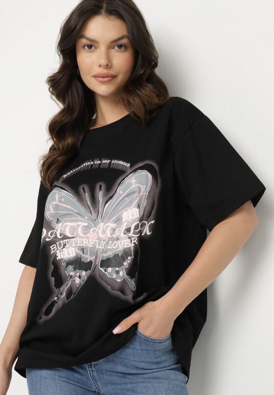 Czarny T-shirt Oversize z Bawełny z Nadrukiem z Motylem Nonatira 1