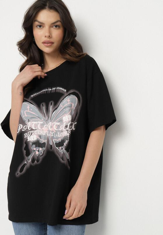 Czarny T-shirt Oversize z Bawełny z Nadrukiem z Motylem Nonatira 2