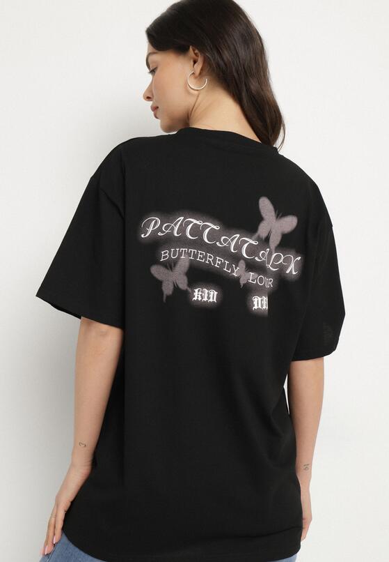 Czarny T-shirt Oversize z Bawełny z Nadrukiem z Motylem Nonatira 3