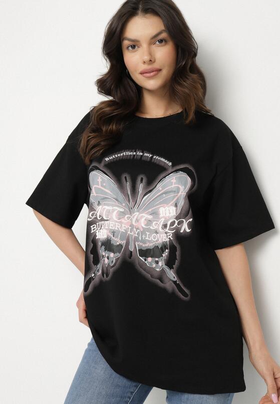 Czarny T-shirt Oversize z Bawełny z Nadrukiem z Motylem Nonatira 4