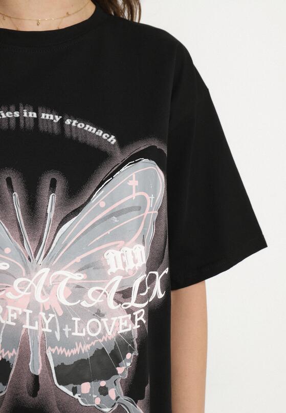 Czarny T-shirt Oversize z Bawełny z Nadrukiem z Motylem Nonatira 5