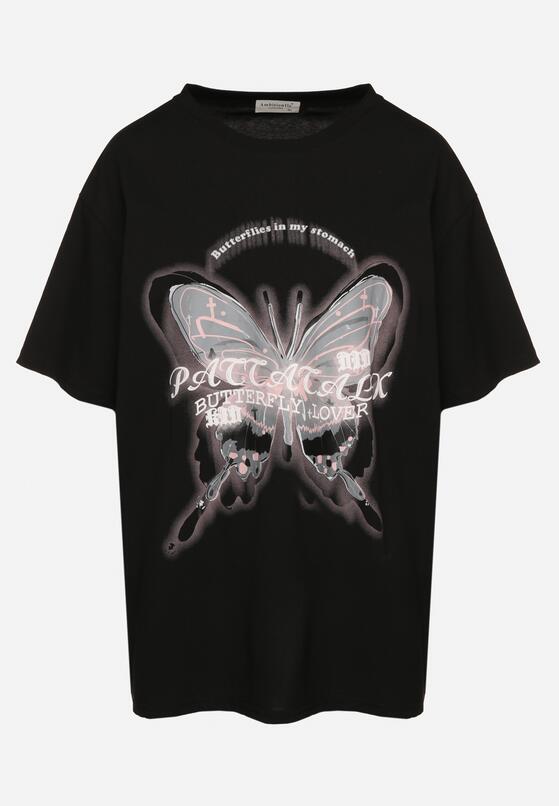 Czarny T-shirt Oversize z Bawełny z Nadrukiem z Motylem Nonatira 6