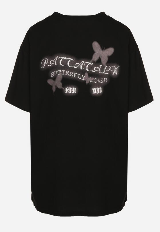 Czarny T-shirt Oversize z Bawełny z Nadrukiem z Motylem Nonatira 7