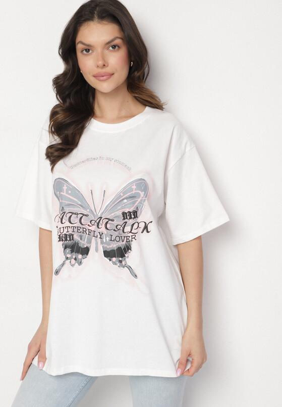 Biały T-shirt Oversize z Bawełny z Nadrukiem z Motylem Nonatira 2