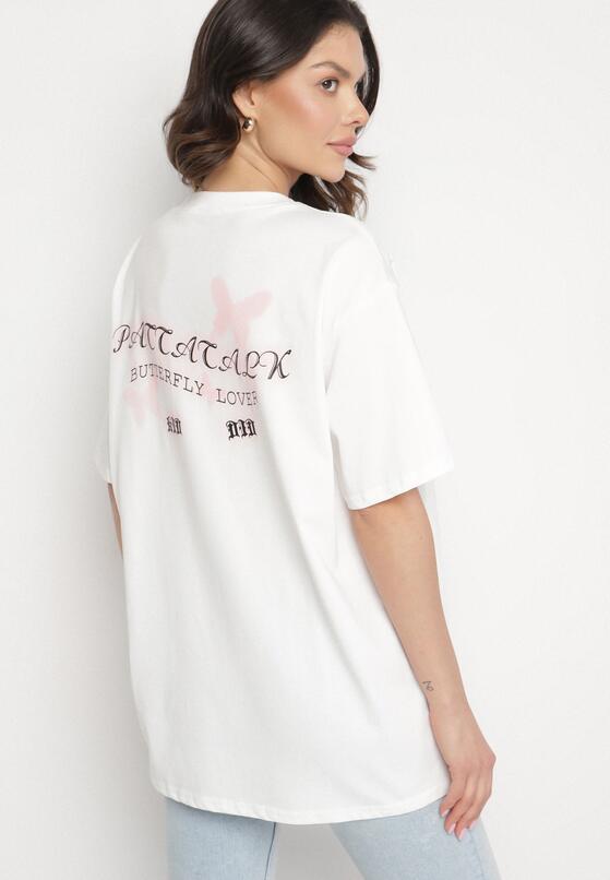 Biały T-shirt Oversize z Bawełny z Nadrukiem z Motylem Nonatira 3